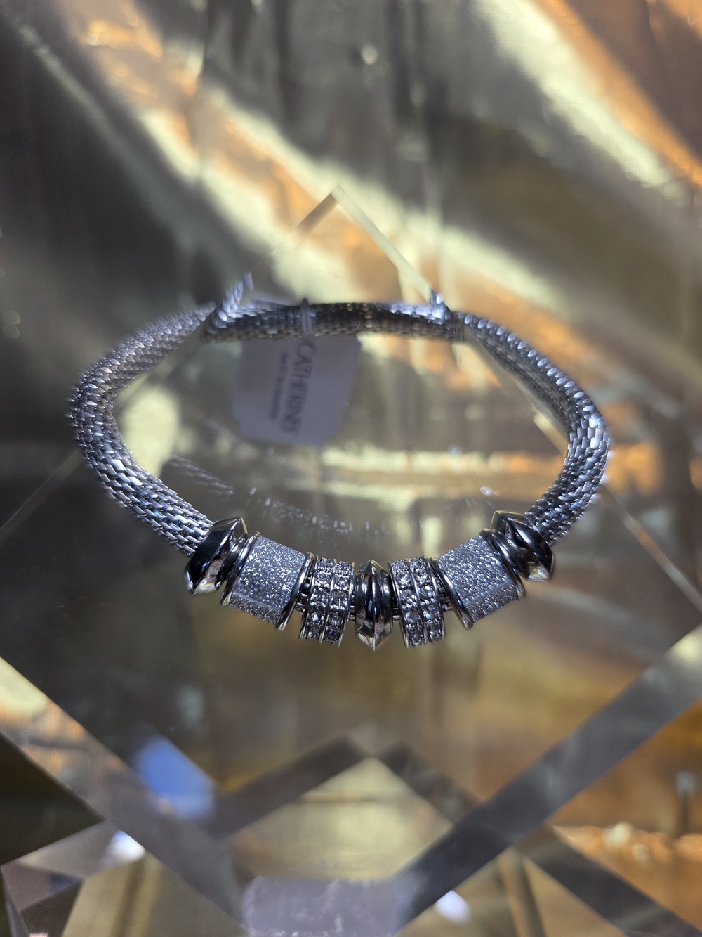 #1015 Sparkling Silver Mesh Bracelet with CZ Accents